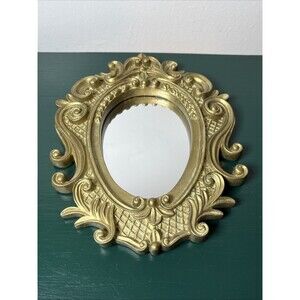 Vintage Solid Resin Gold Oval Ornate Hollywood Regency Frame Wall Mirror